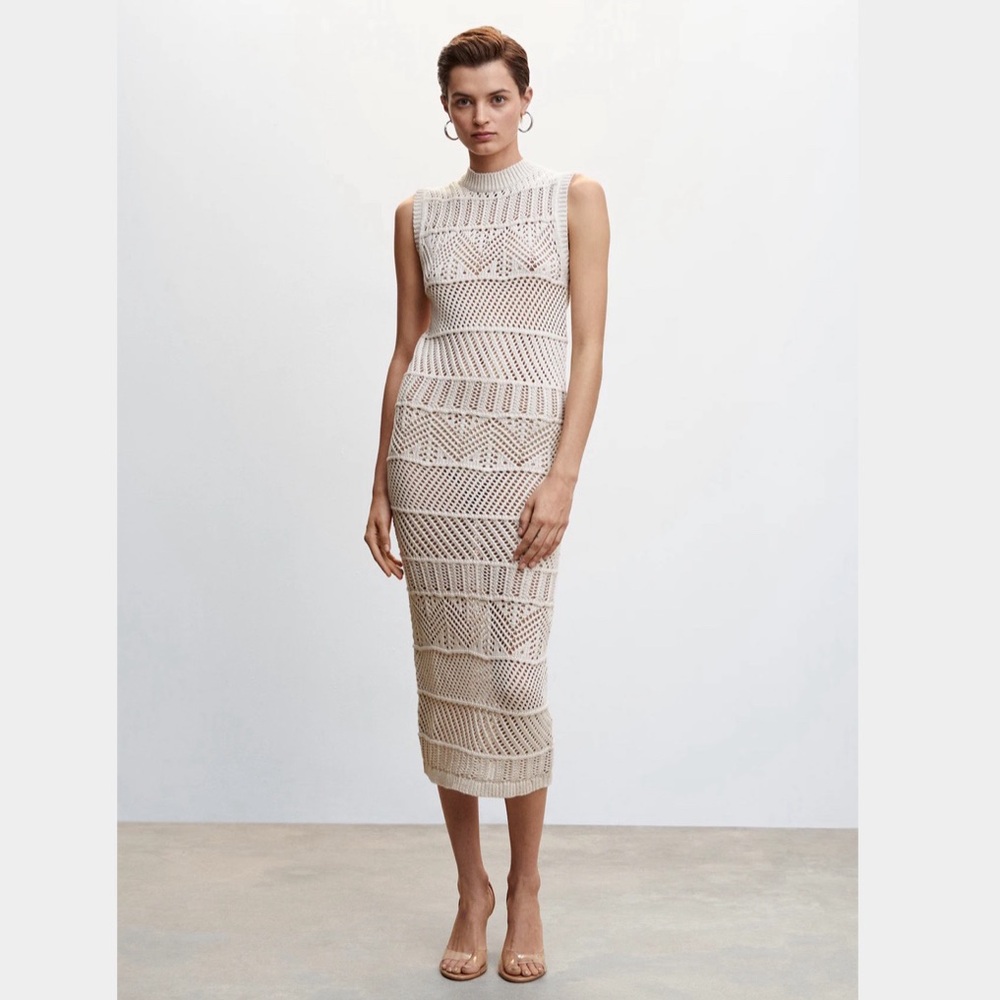 NWT Mango MNG Mock Neck Midi Knit Openwork Crochet Dress SOLD OUT ONLINE